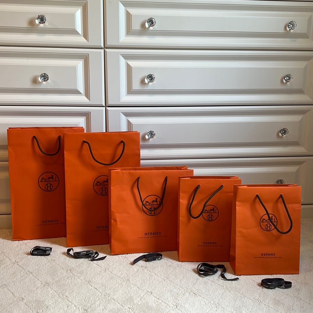 Set of 5 Hermes Authentic Shopping bags with ribbons